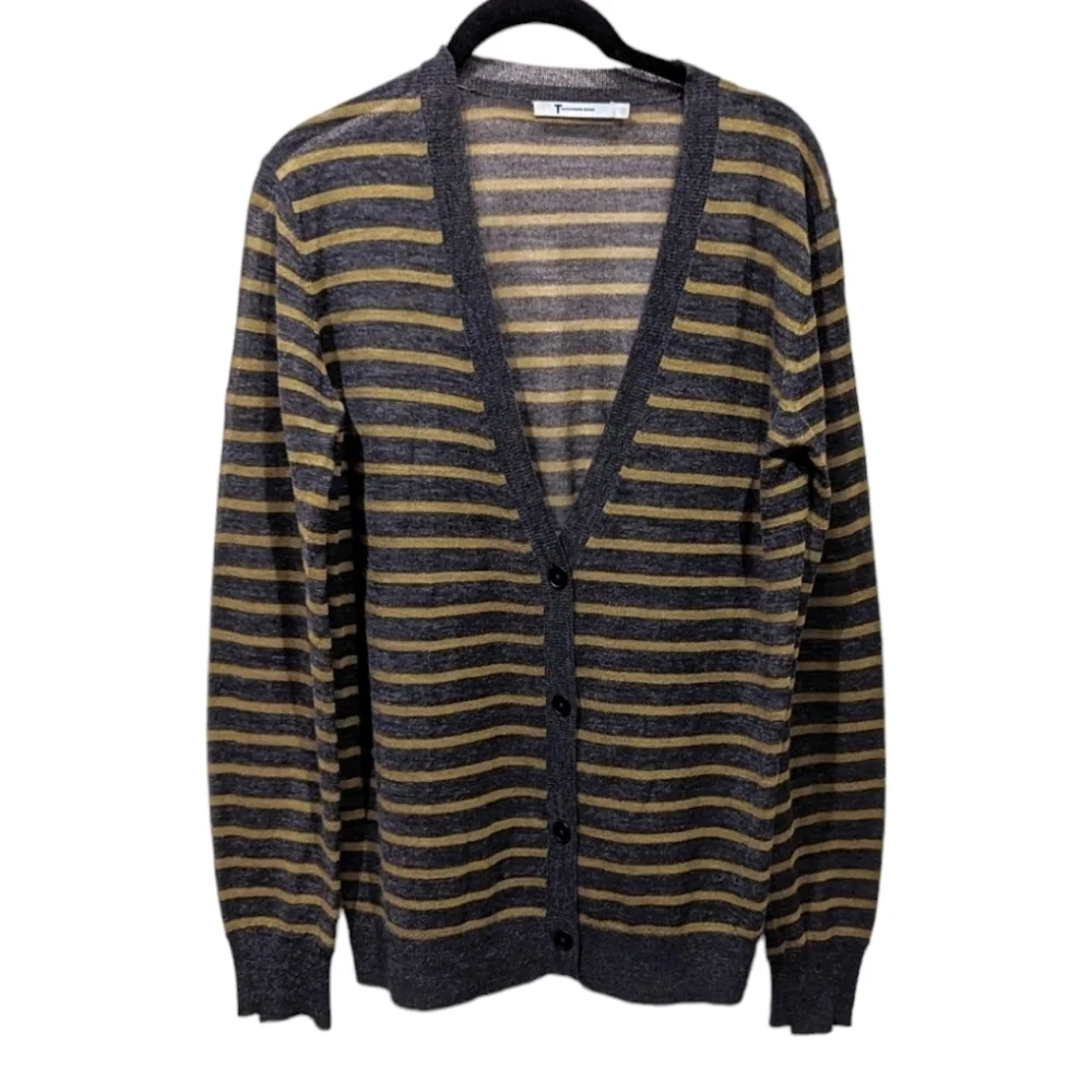 T by Alexander Wang Grey & Yellow Striped Lightweight Cardigan (S)